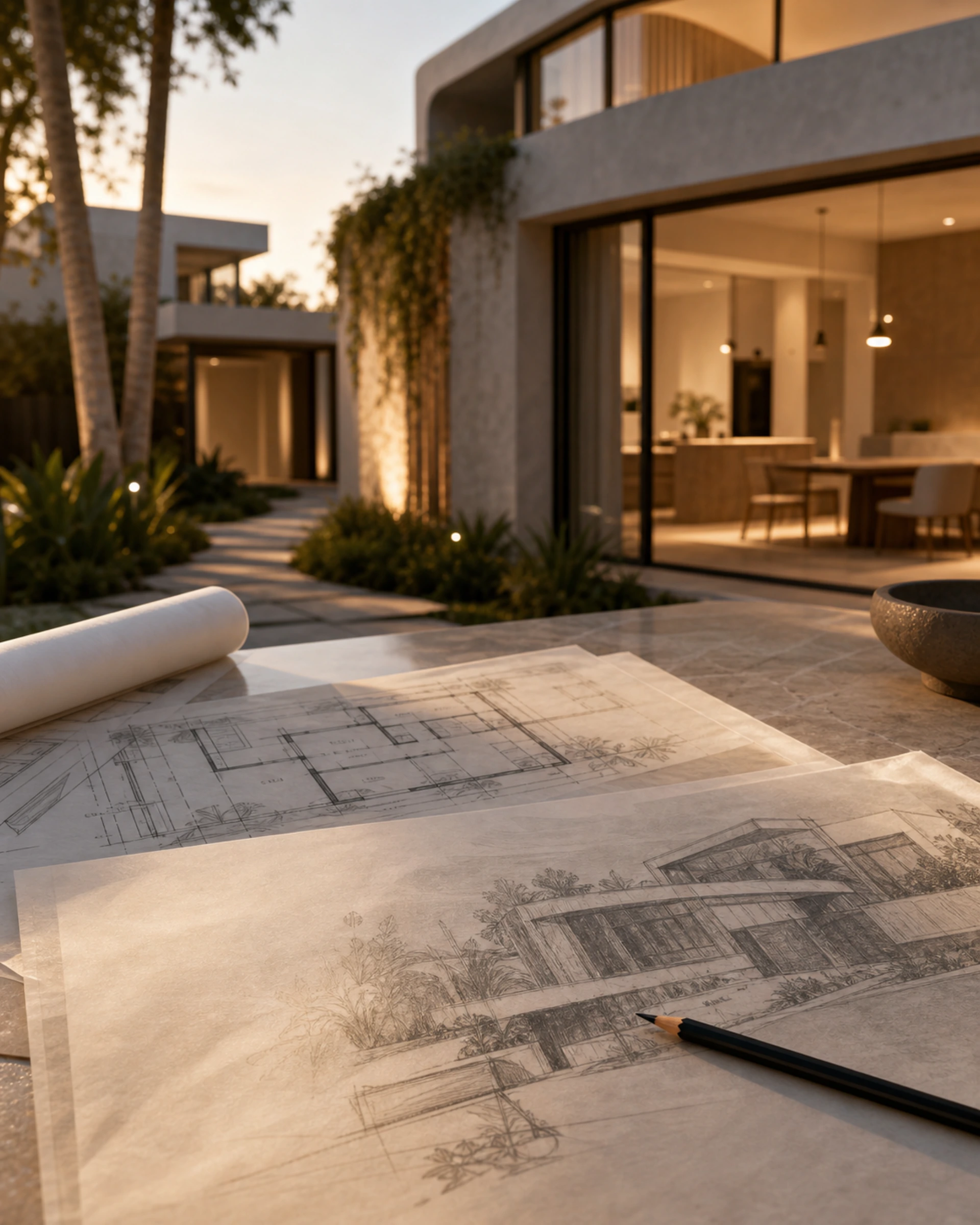 Architectural drawings on trace paper beside a completed warm residential interior.
